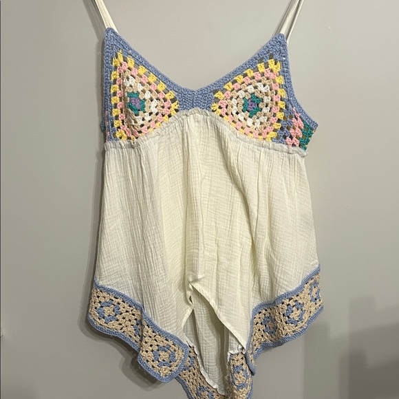 POL Tops - POL Cream Top with Pastel Crochet Accents